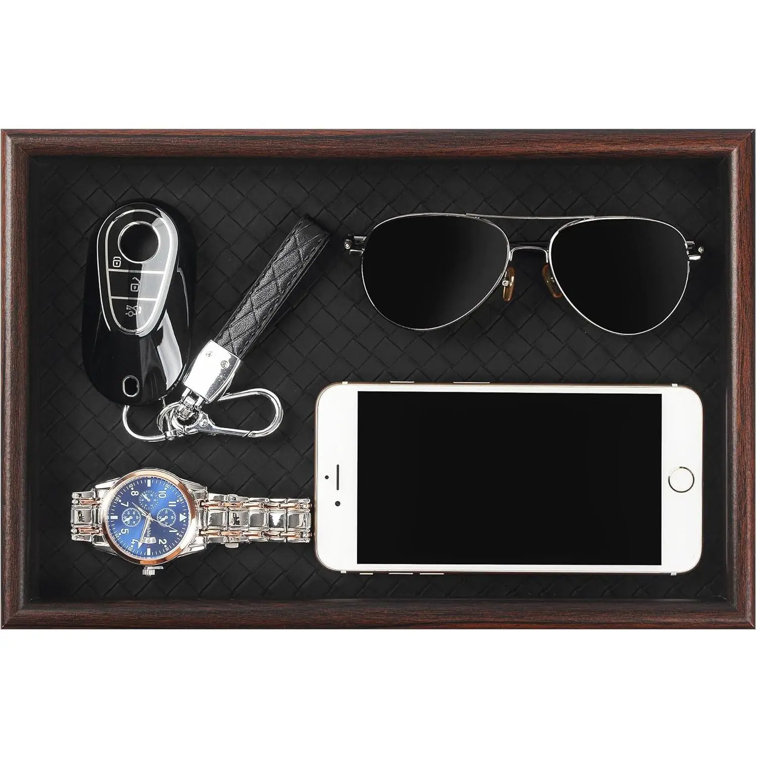 Wooden Valet Tray with Leather Base - Nightstand Catchall Organizer for Cologne, Perfume, Keys, Wallet, Phone, Watch, Jewelry & Sunglasses (Black)