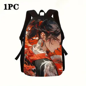 Back-to-school season single-pack anime male protagonist style backpack, featuring adjustable shoulder straps, polyester lining, and zipper closure. Hand washing recommended. Suitable for ages 14 and up. - Japanese anime dragon-patterned samurai style bac