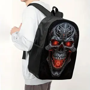 Durable Water Resistant Single Backpack, Lightweight 600D Oxford School Daypack with Ornate Carved Metal Skull & Glowing Red Mechanical Eye Full Print, Breathable Padded Strap Large Capacity Gothic Punk Casual Bookbag for Dark Art & Horror Lovers