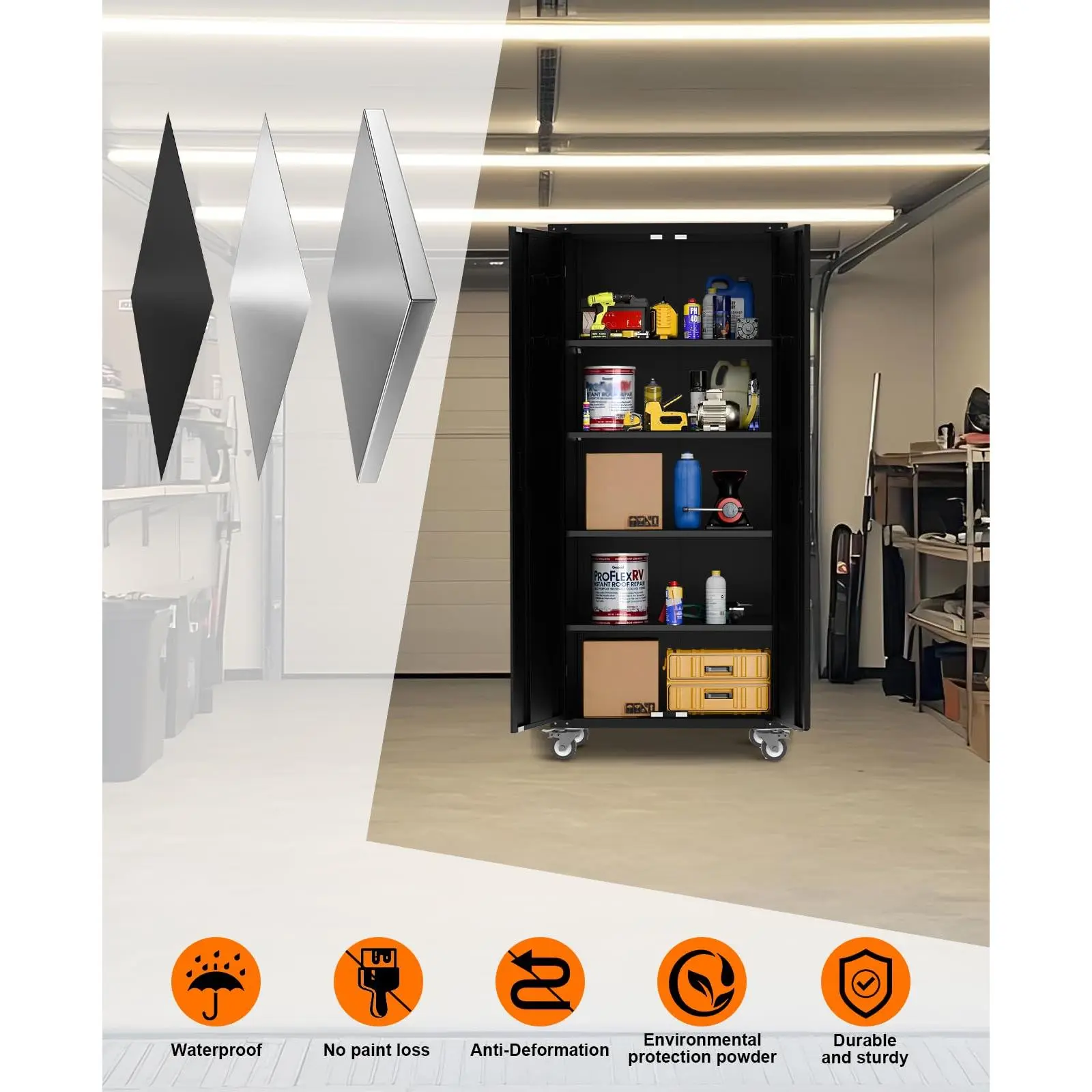 Heavy-Duty Metal Storage Cabinet with Wheels – 72" Lockable Steel Locker, Pegboard, 4 Adjustable Shelves, Magnetic Lock, 600 lb Capacity – Garage, Office, Workshop, Home Organization