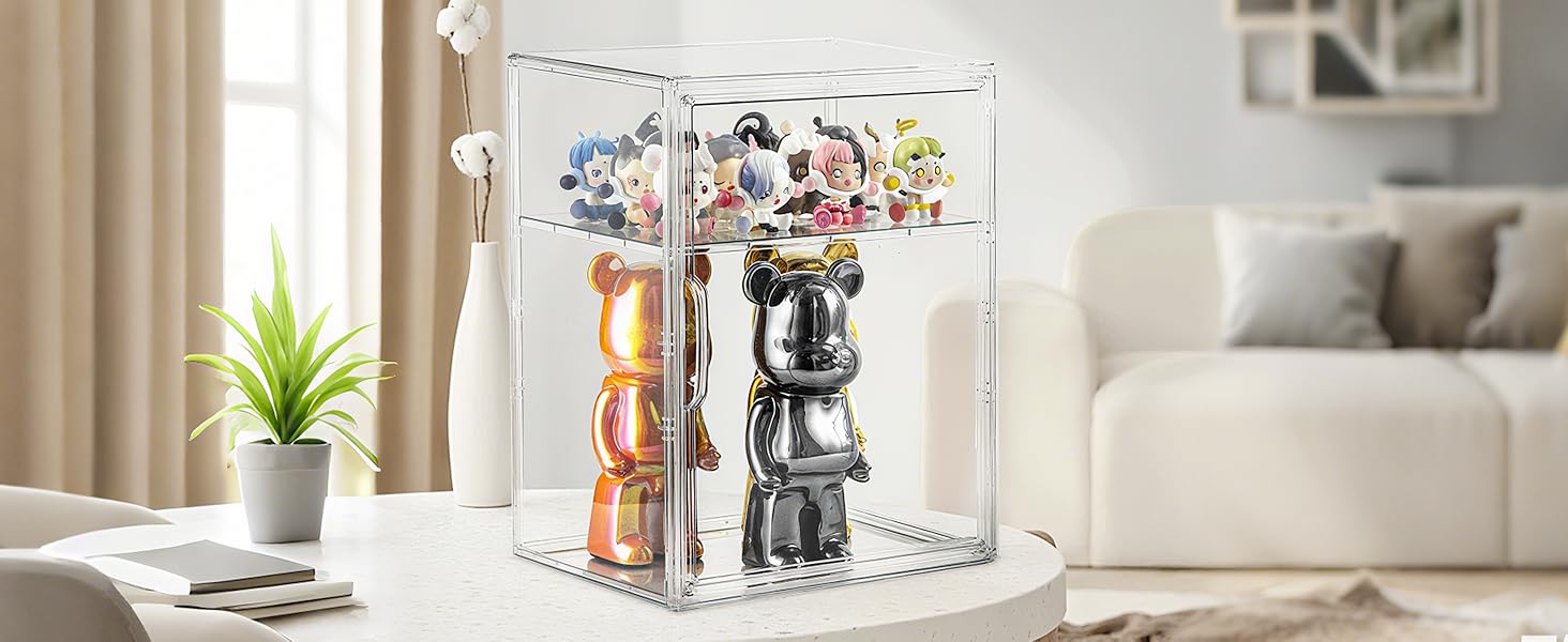 Acrylic Display Case for Collectibles, Clear Storage Bin with 3 Adjustable Layers and 1 Removable Divider, Stackable Clear Storage Box with Magnetic Door for Figures, Home or Office,Large