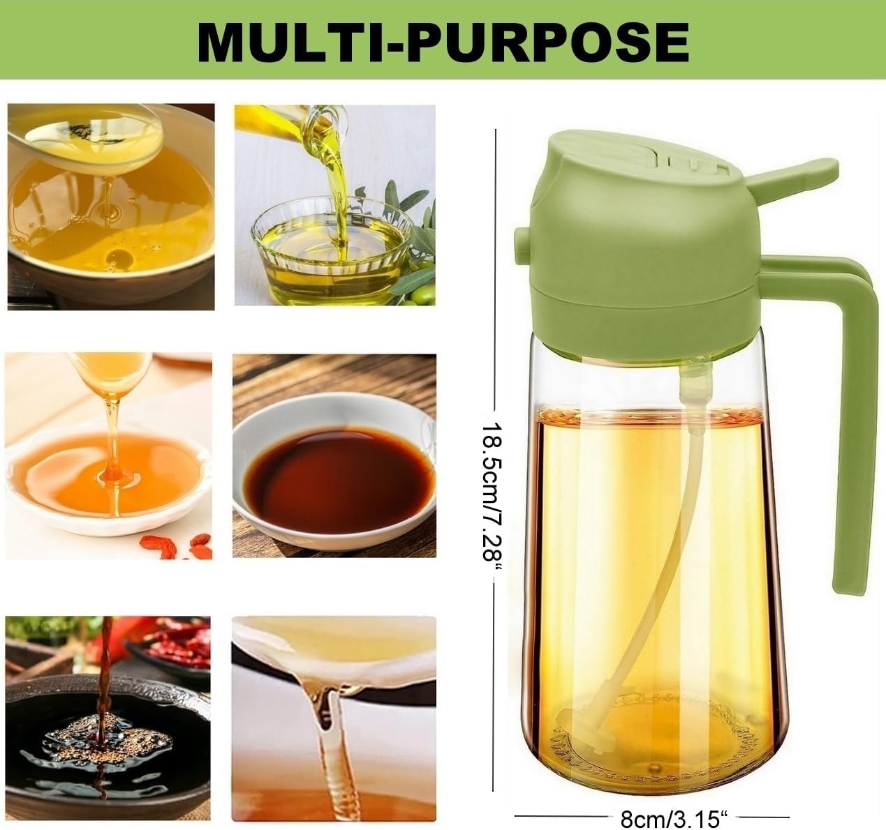 3Pack Premium Glass Oil Sprayer 470ml 2 in 1 Dispenser, Ergonomic Handle Oil Bottle for Portion Control, Versatile Kitchen Gadget for Air Fryer Grilling Salad Baking, BPA-Free, Great Gift Idea(white,black,green)