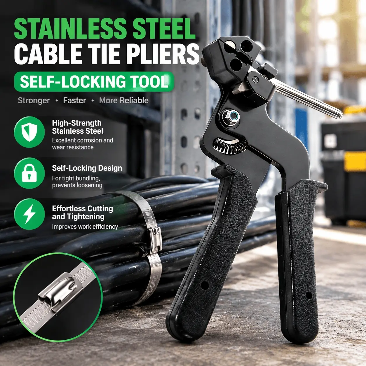 Single-Piece Locking Stainless Steel Cable Tie, Made for Securing Cables and Pipes, PVC, Install