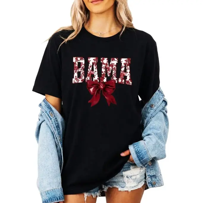 BAMA Red Floral Bow Shirt - Trendy Game Day Tee - Alabama School Spirit T-Shirt - Sports Fan T-Shirt - Gift for Teacher, Student, Alumni
