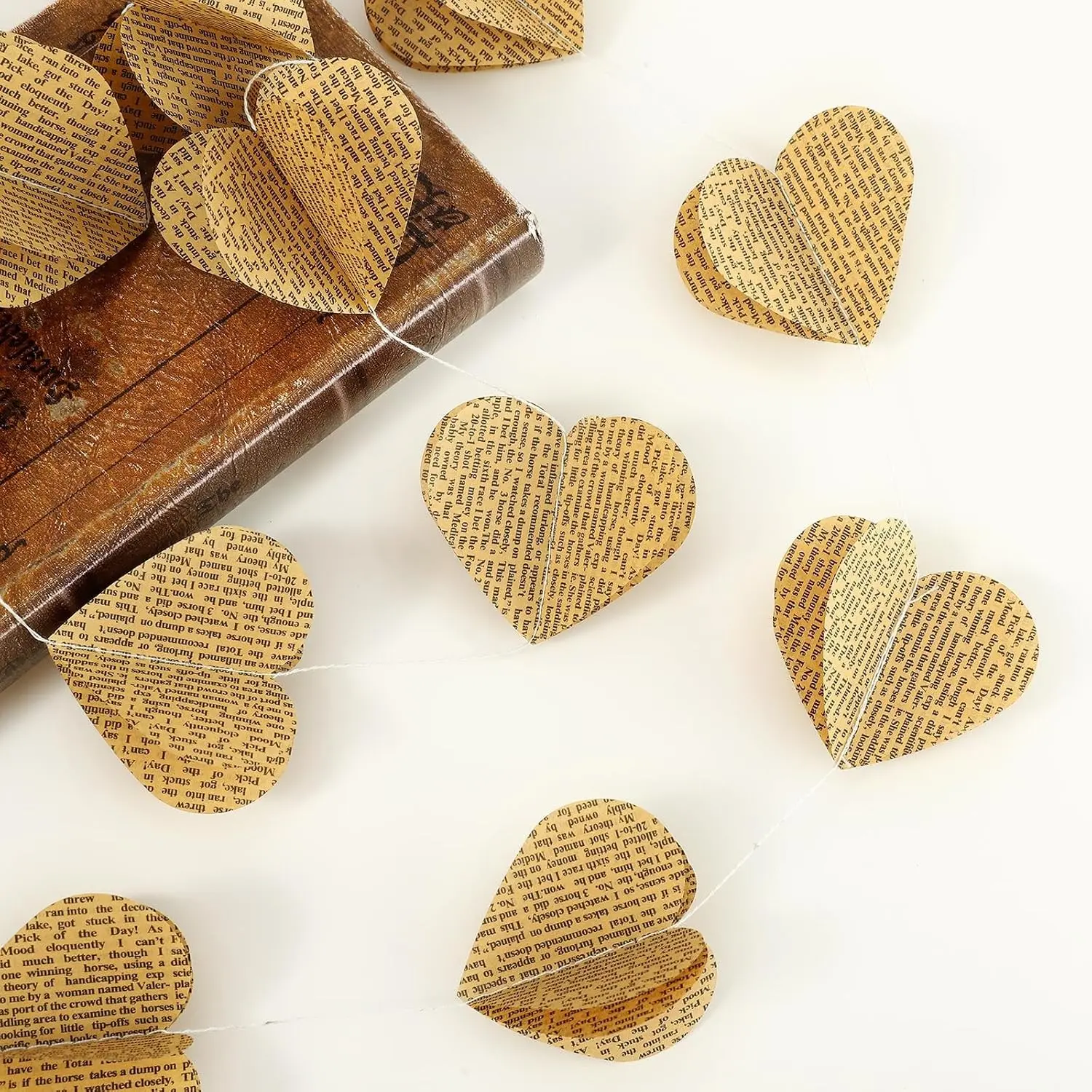 4 Pack 3D Vintage Heart Garland, Recycled Book Page Newspaper Bunting for Party Nursery Wedding Holiday Christmas DecorationGift
