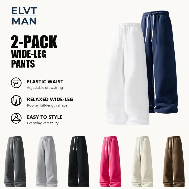 Men's 2-Pack Baggy Solid Wide Leg Lounge Pants, Plain Clothes with Drawstring Mid Waist, Elastic Waistband, Full-Length, Side Pockets, Soft Knits, Multi-Size, All-Season Casual Streetwear Menswear, Black, Wash Separately