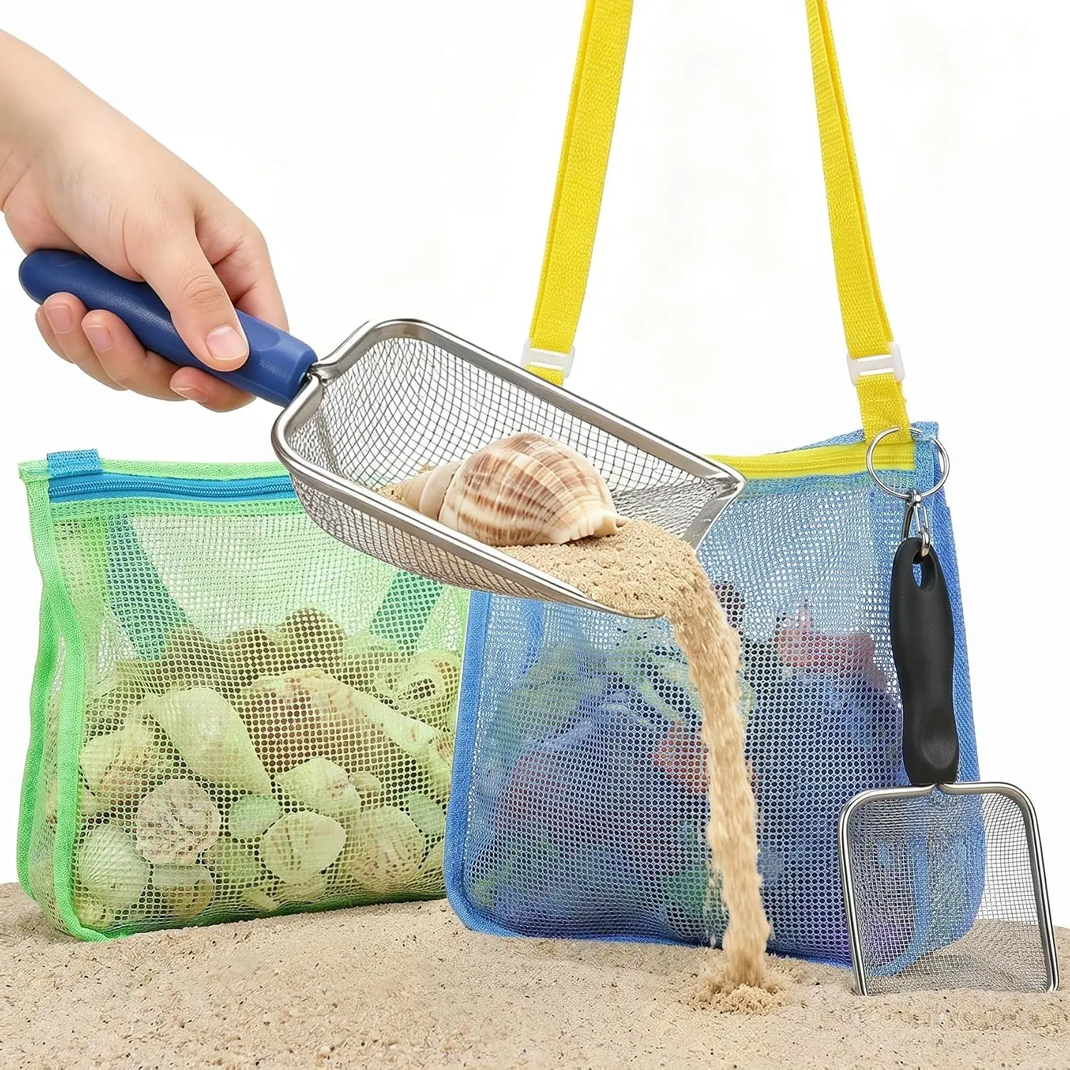 2 Pack Beach Mesh Shovel with Mesh Beach Bag for Shell Collecting, Sand Sifters Shell Collect Bag for Kids, Great Shelling Tools
