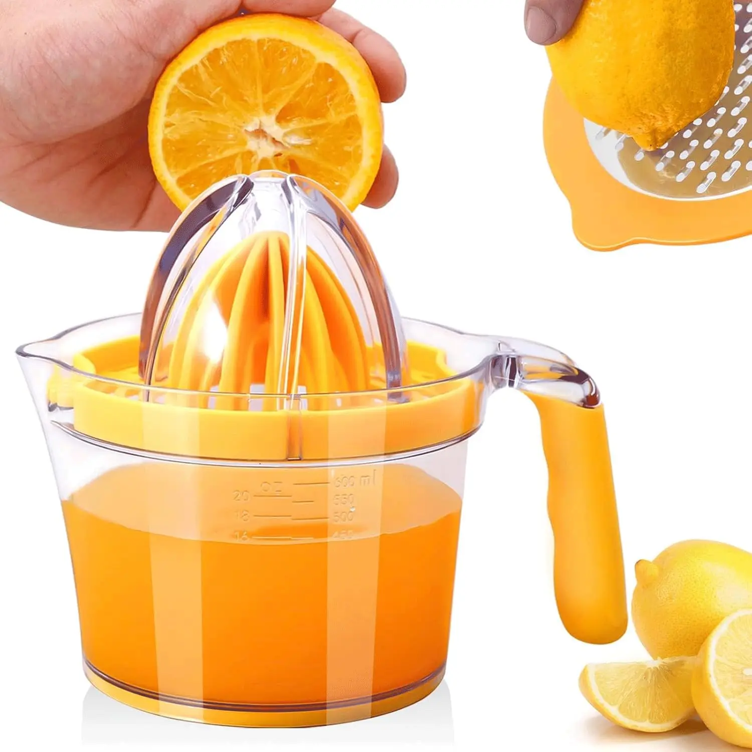 Citrus  Orange Juicer Manual Hand Squeezer, Fruit Juicer Lime Press with -in Measuring Cup and Grater and Egg separator, Non-Slip  Handle, 20OZ