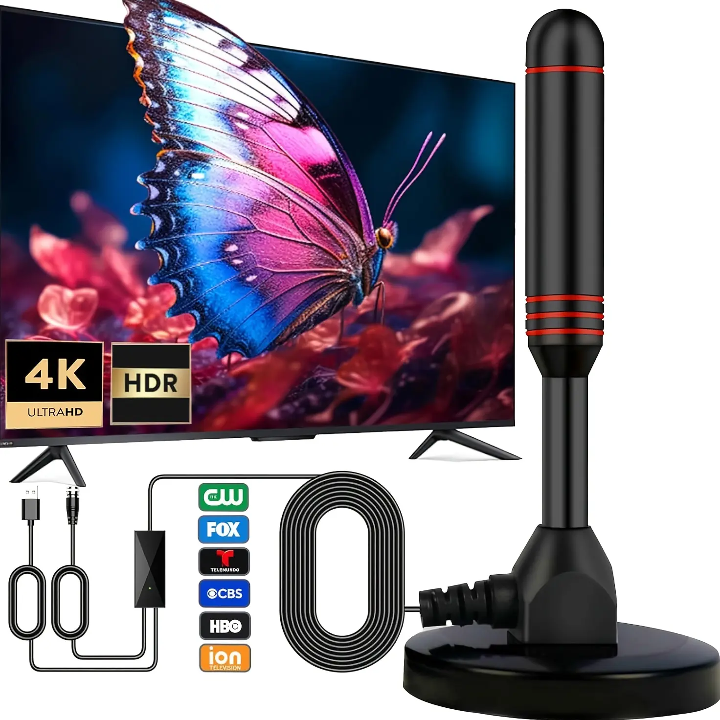 Ultra-high-definition digital TV antenna with amplifier - 12, 000 miles long-distance reception, indoor/outdoor use, suction cup bracket, supports HDTV, DVB-T2, DTMB, ATC, DVB-T, DMB-T, ISDB-T, ATSC, DAB/FM - for home, car,