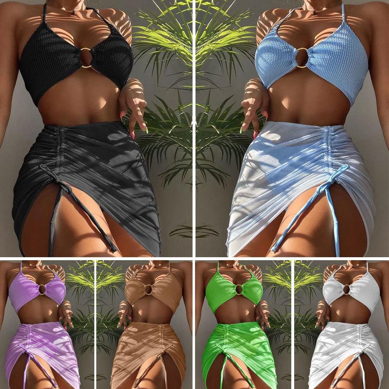 Women's Slim-Fit Solid Color Sexy Swimsuit Halter Neck Three-Piece Bikini