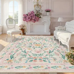 8x10 Pink Floral Area Rug,Large Washable Living Room Carpet for Bedroom, Nursery or Playroom,Boho Vintage Soft Non-Slip Rug for or Teen Room Decor