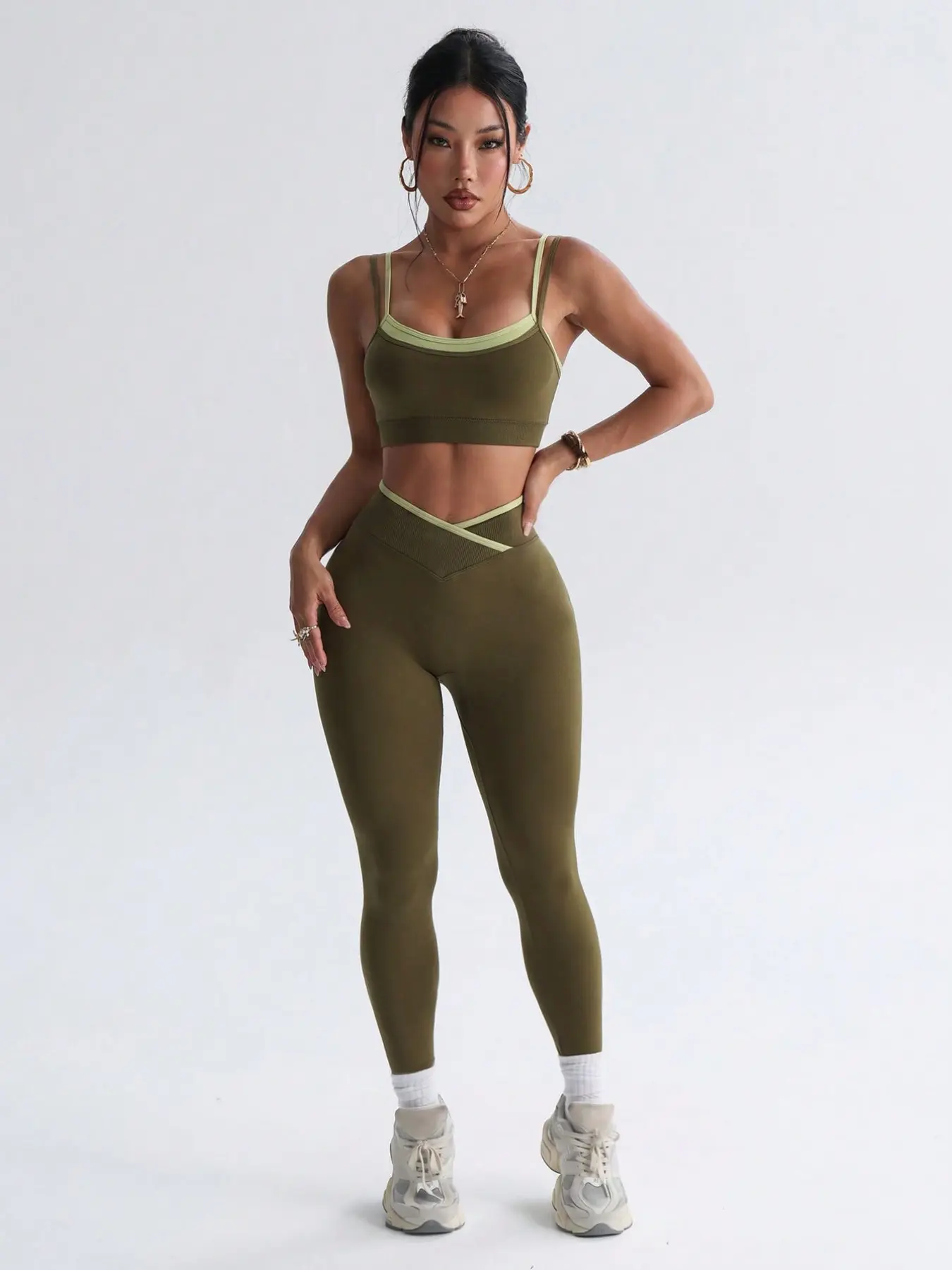 Contrast Binding Seamless Yoga Matching Set Double Thin Strap Bra Wrap Cross Waist Butt Sculpt Gym Leggings Fitted Activewear
