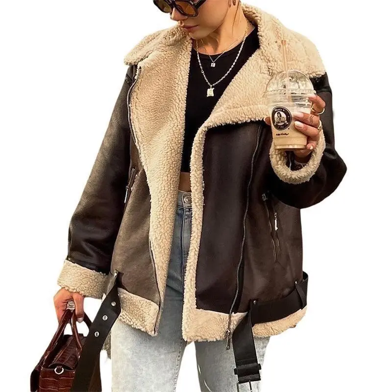 Women Faux Lamb Fur Leather Short Jacket Lapel Zipper Bomber Outwear Faux Suede Lapel Coat Warm Biker Motor Aviator Coat Long Sleeve Fleece
