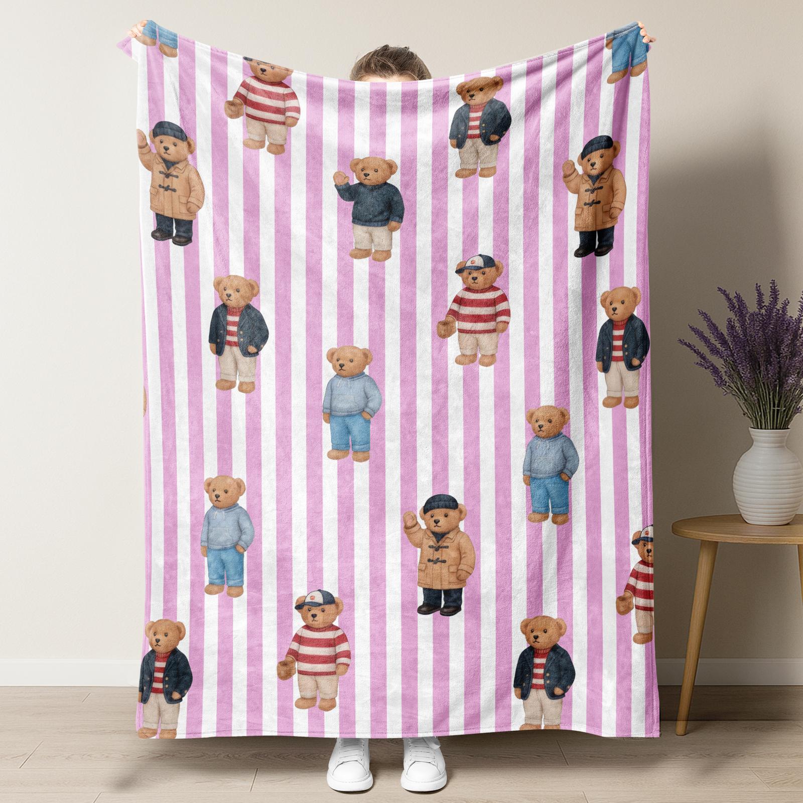 Cute Bear Aesthetic Pattern Blanket,Coquette Striped Bear Blanket,Old Money Style Decor Plush Throw Blanket,Soft Cozy Vintage Napping Blanket for Home Office Travel Camping