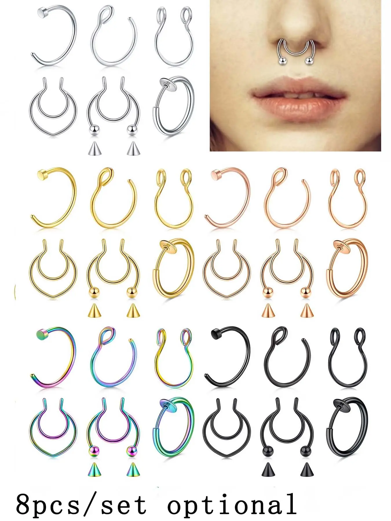 6Pcs Fake Nose Ring Hinged Nose Hoop Nose Septum for Women Men Clip On Faux Nose Piercings Fake Septum Cuffs Non Piercing Jewelry Body Jewellery