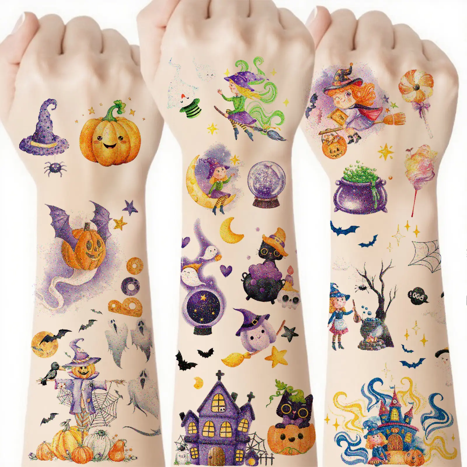 12pcs Sparkling Witch Pumpkin Ghost Temporary Tattoo Stickers, Cute Design Waterproof Halloween Fake Tattoo Stickers, Designed for Halloween