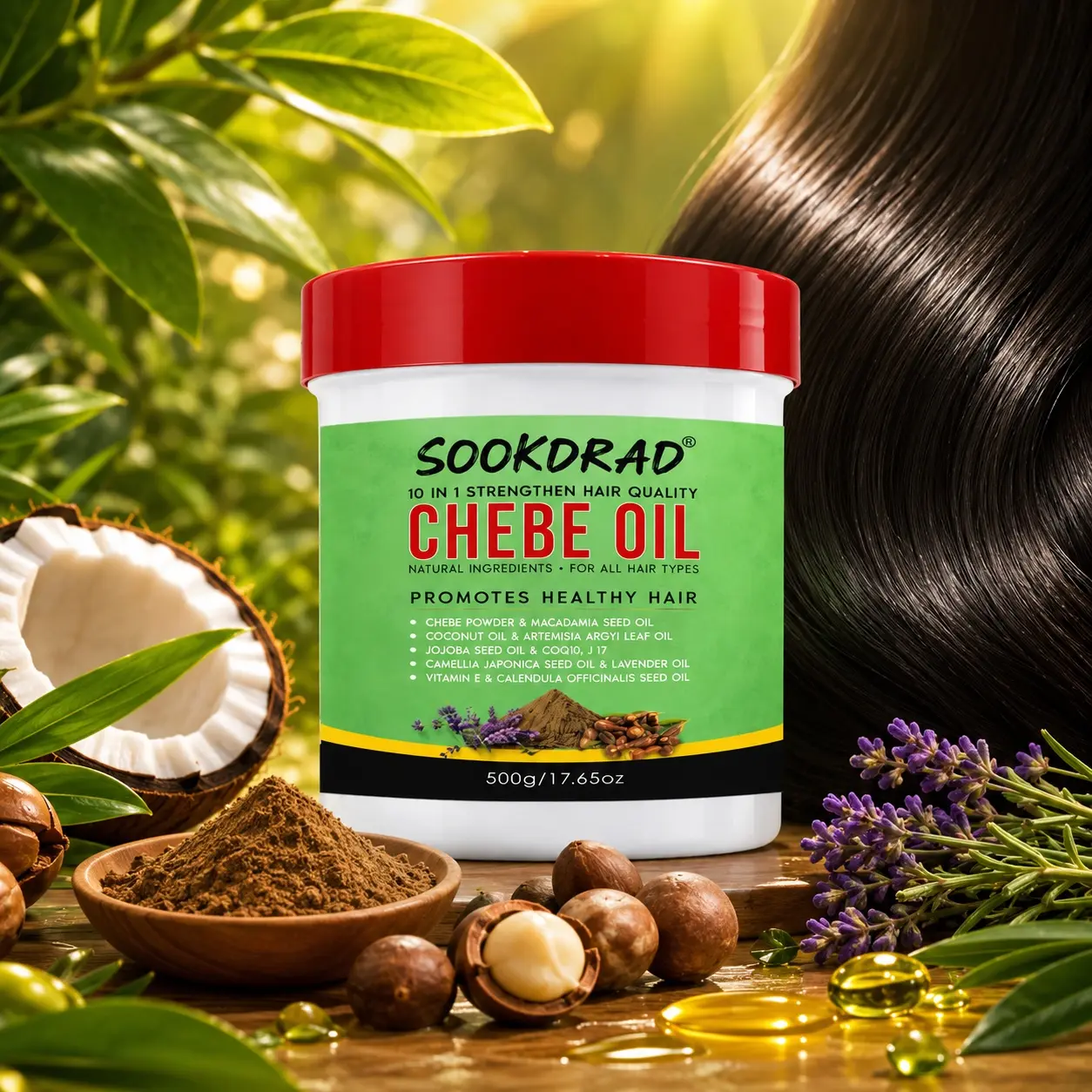 Chebe Oil, 10 In 1 Strengthen Hair, Natural Ingredients, For All Hair Types, Promotes Healthy Hair, 500g
