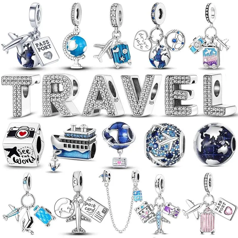 925 Sterling Silver Travel Passport Trunk Charms Fit Original Bracelet Diy Airplane Earth Beads for Jewelry Making Gift