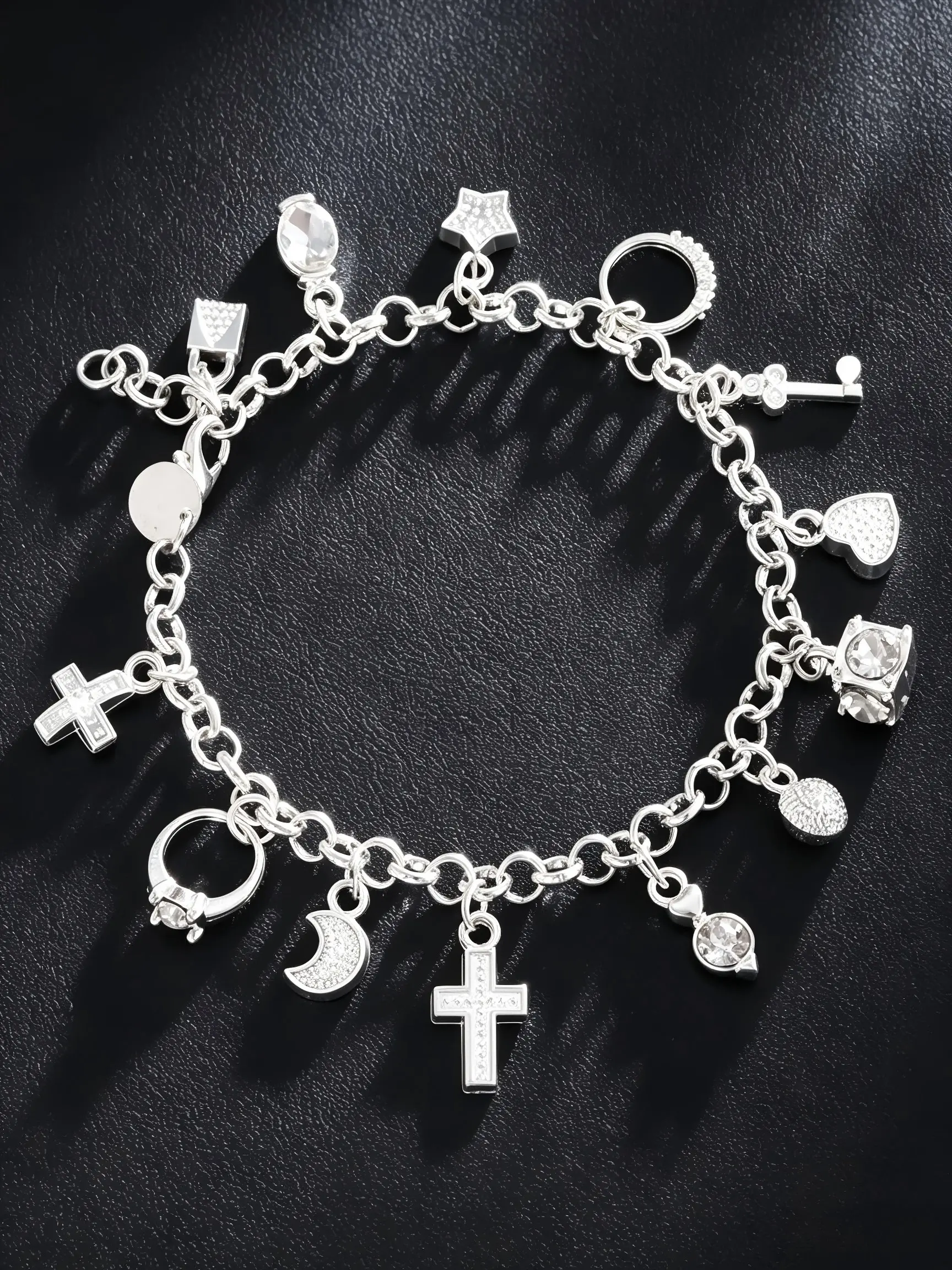 Y2K Aesthetic 13 Charms Silver Plated Bracelet | Lock Key Cross Heart Dangle Charm Bangle, Retro Street Fashion Women Jewelry Gift