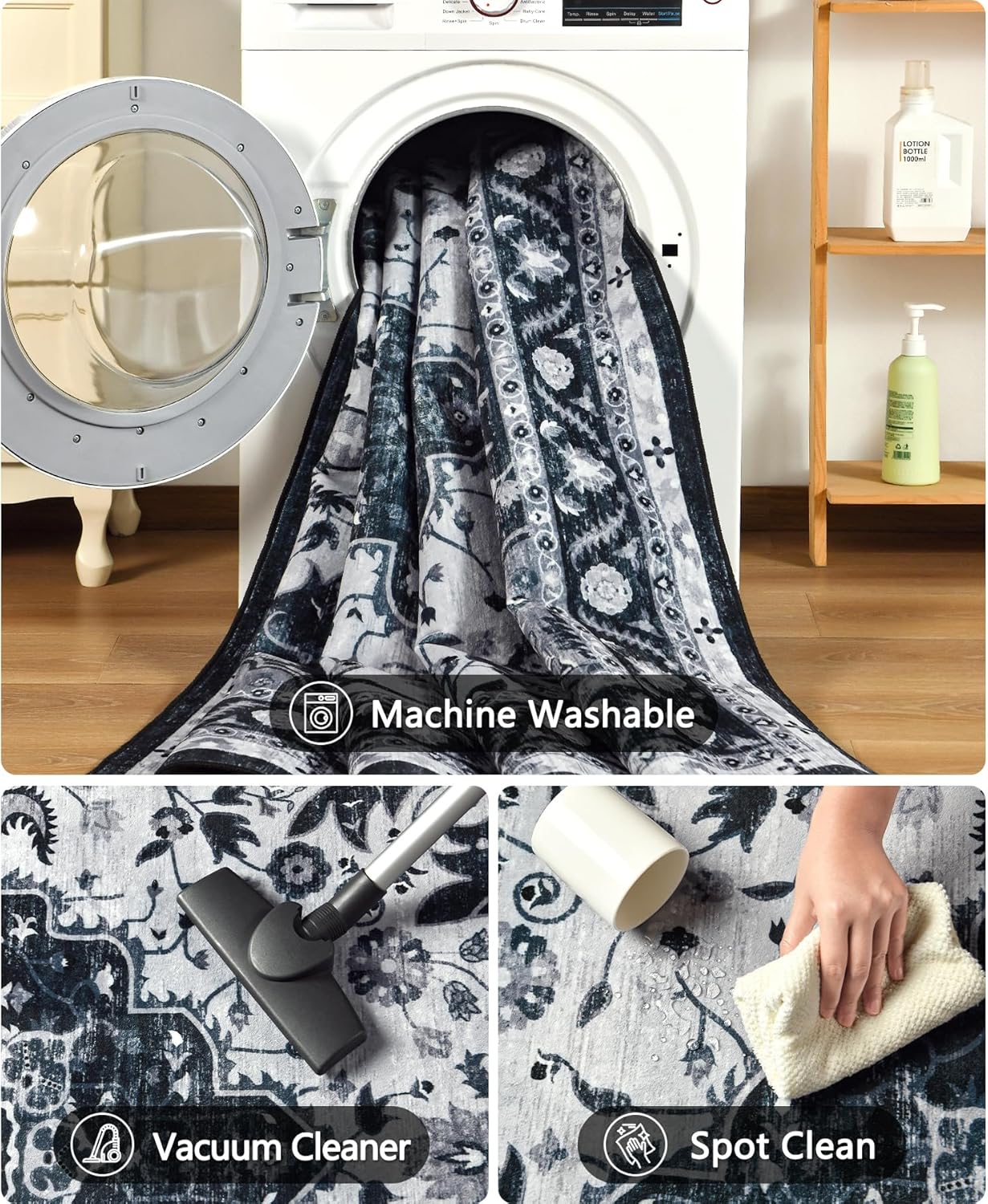 6x9 Area Rugs for Living Room, Washable Non Slip Vintage Rugs, Low Pile Ultra Soft Indoor Print Pattern Carpet for Bedroom, Entryway, Office, Dining Room, Home Decor, Black, Beige, Blue, 4x6,5x8,6x9 Feet