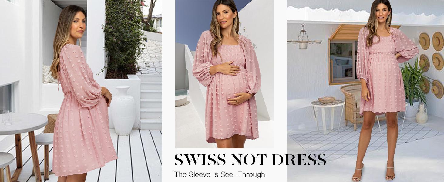 Imily Bela Women's Maternity Long Sleeve Dress Square Neck Swiss Dot Summer Casual Loose Short Dresses