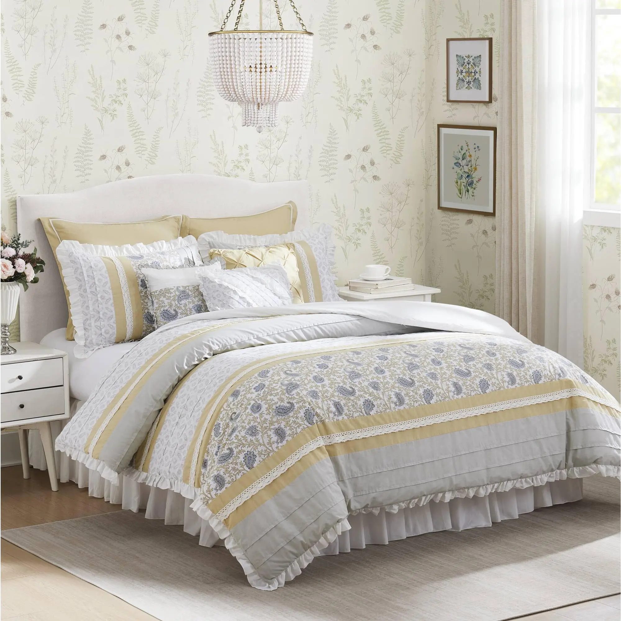 Nokaa 9 Piece Cotton Percale Comforter Set Queen Size Yellow Bedding Bundle with Pillow Shams, Breathable Lightweight All-Season Down Alternative Comforter for Master Bedroom Guest Room, Easy Care Machine Washable