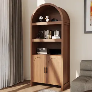 71" Arched Cabinet Bookcase with Doors, Mid Century Modern Accent Storage Cabinet & Display Bookshelf, 5-Tier Wood Utility Pantry Cabinet for Kitchen, Living Room, Dining Room, Brown Wood Grain