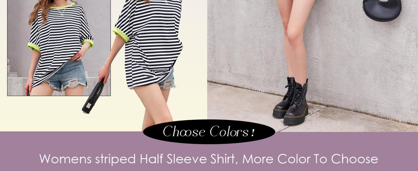 Imily Bela Womens Oversized Striped Tee Shirt Summer Casual Color Block Half Sleeve Crew Neck Tunic Tops