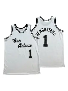 Men Women San Antonio Basketball Jersey Number 1 Glitter Embroidered Cursive Font White Black Sleeveless Tank Top Unisex