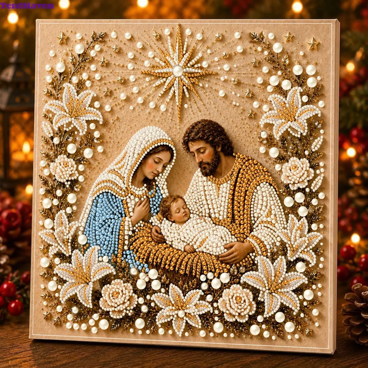 Gorgeous 3D Pearl Beaded Holy Family Diamond Painting Kit, Sacred Nativity Rhinestone Mosaic Wall Decor, Meaningful Religious Christmas DIY Gift for Catholic Home Decoration