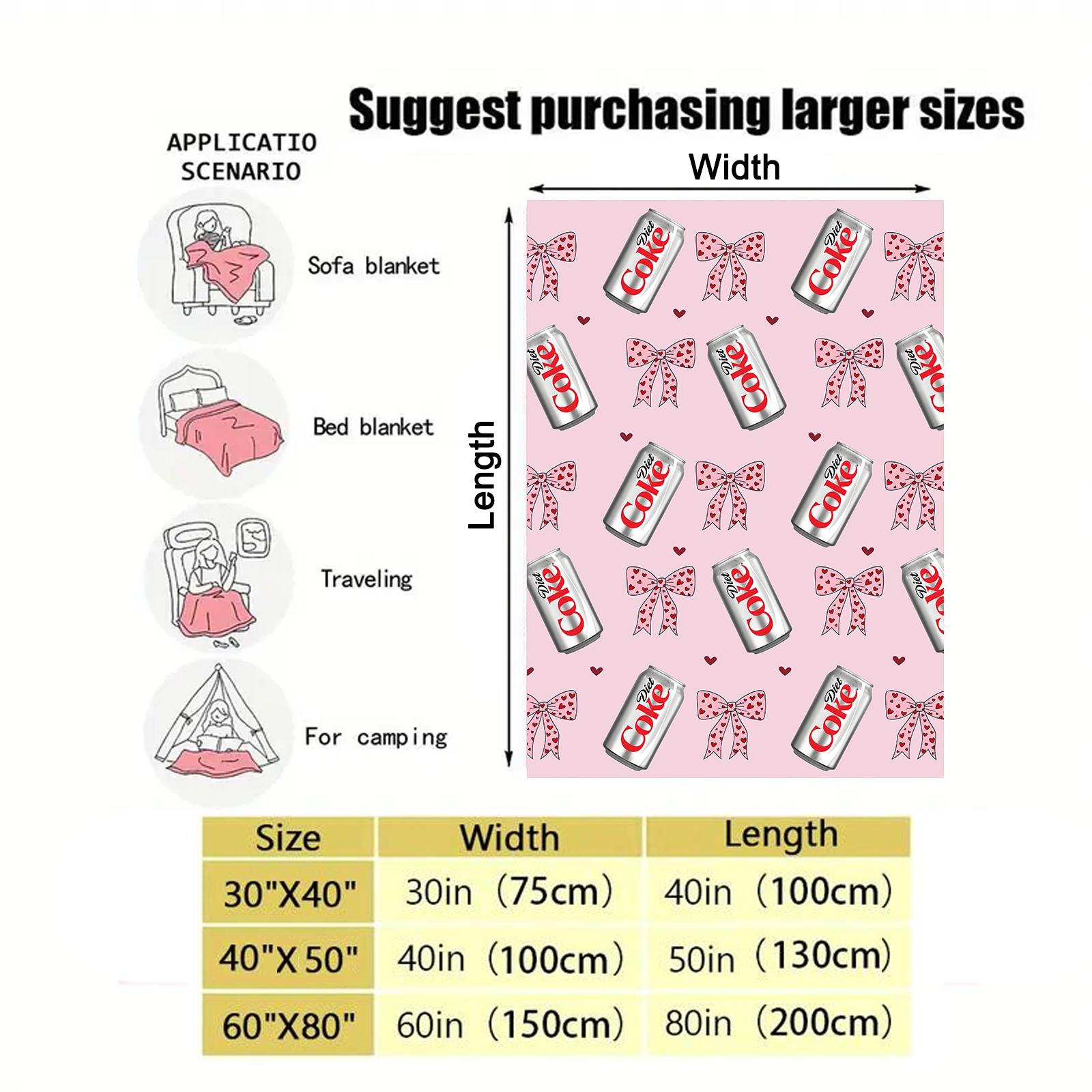 Diet Coke Original Flavor Pink Bows with Red Hearts Flat Velvet Blanket Soft Office cozy lightweight soft fluffy decorative giftable fluffy Gift