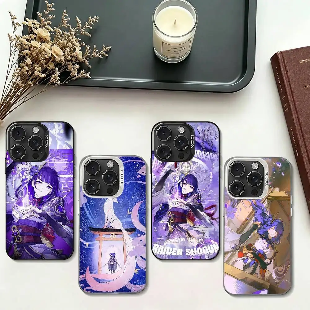 Cartoon Raiden Shogun Silver Electroplated Shockproof Phone Case For iPhone 11-17 Pro Max/Plus & Samsung Galaxy S23-S25