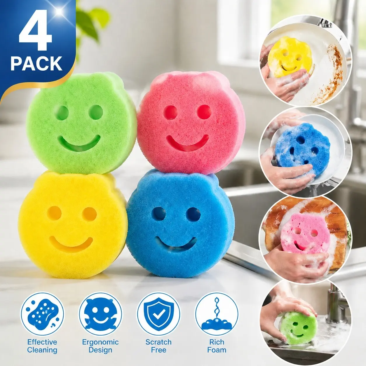 Cute Smile Face Dish Sponges 4 Pack, Color Random Non Scratch Kitchen Scrub Sponges, Reusable Cartoon Cleaning Sponges for Dishes Pots Household Cleaning