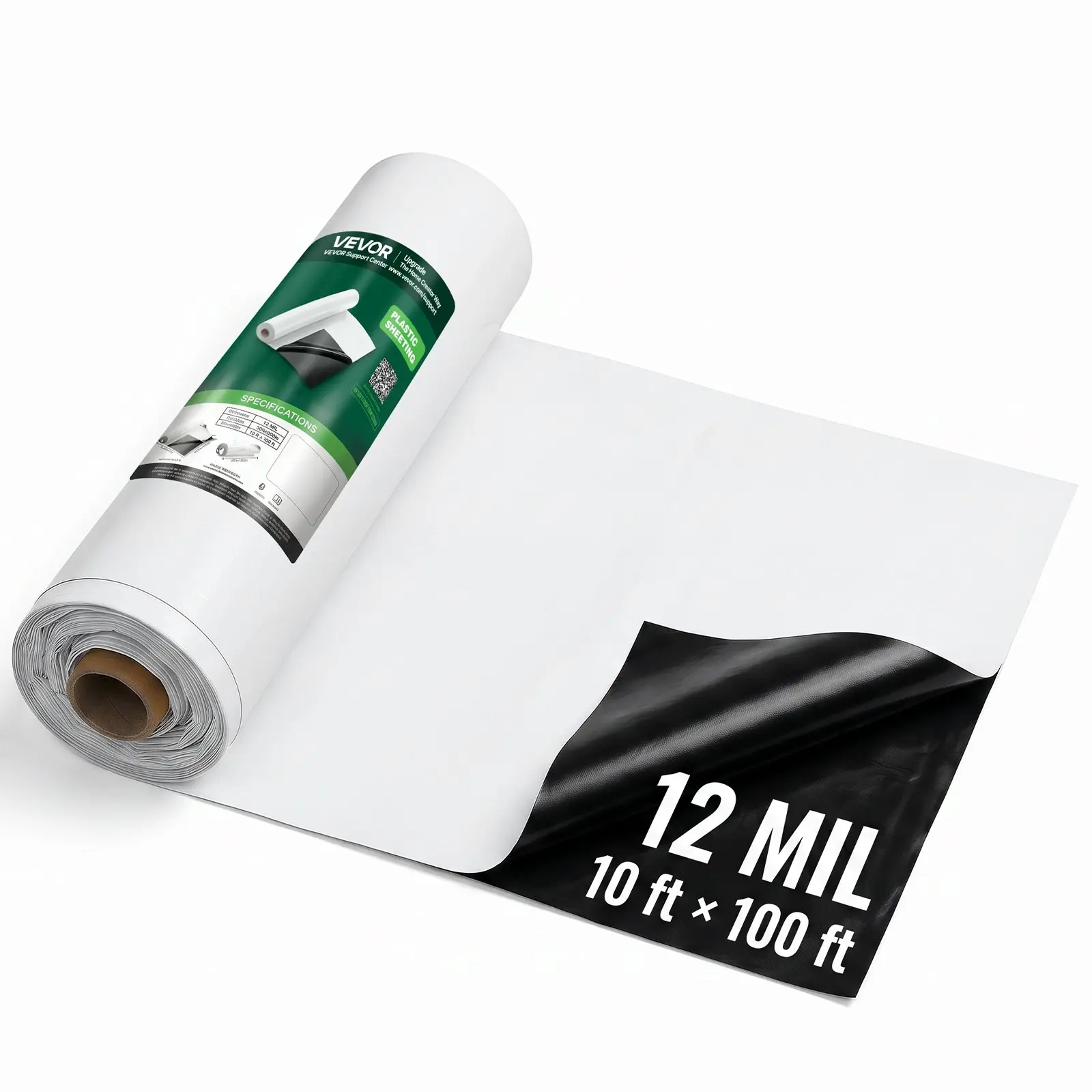 VEVOR 12 Mil Heavy-Duty Rectangular Polyethylene Roll, 10' x 100' Plastic Sheeting Drop Cloth Painters Tarp, Crawl Space Vapor Barrier (Black, White)