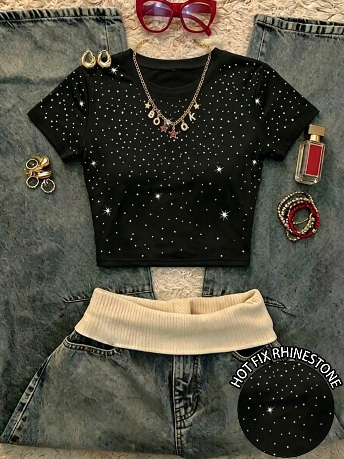 Women's Black Trashy Y2k Rhinestone Starry Sky Sequined Slim Short T-Shirt,Fashionable Club Night Round-Neck Short-Sleeved Tee,Summer Top