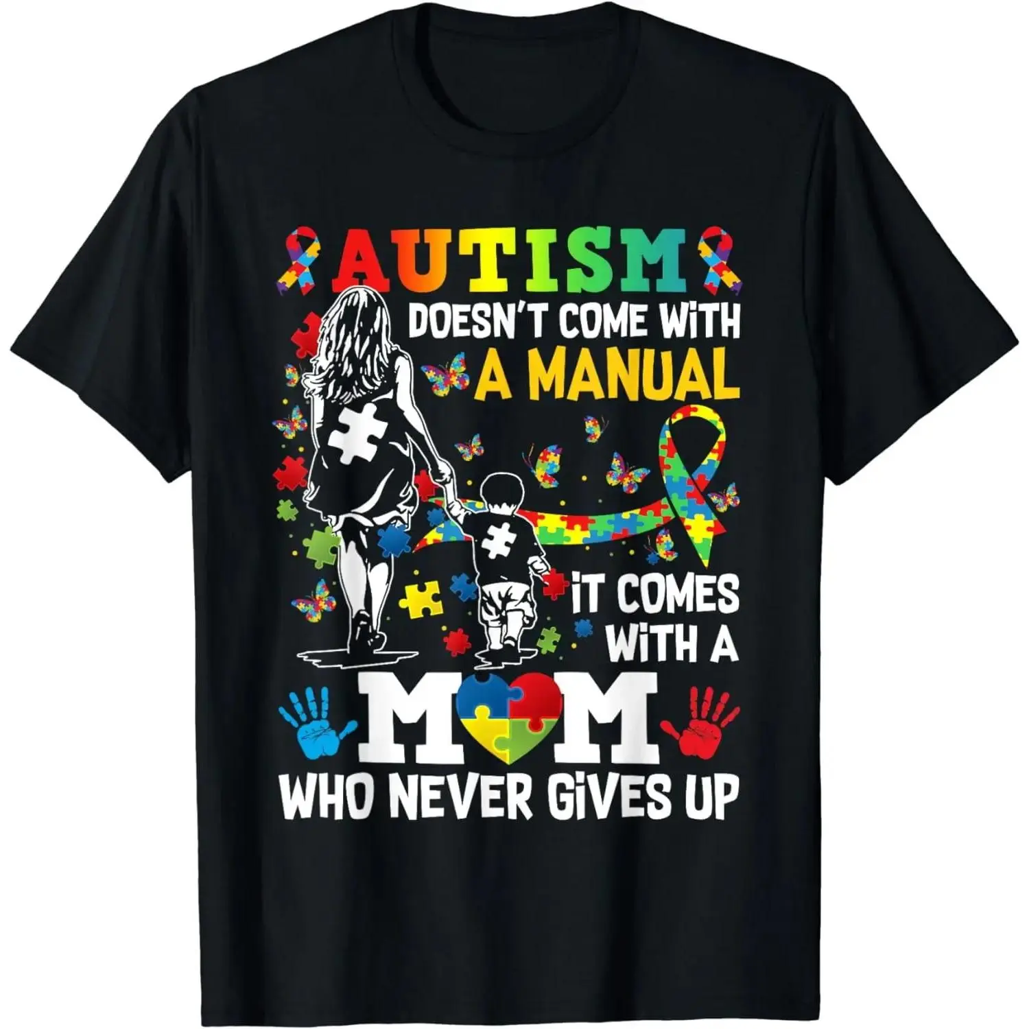 Unisex Women's 100% Cotton Crew Neck Short-Sleeve Graphic T-Shirt - Streetwear All-Seasons Normal Type Casual Fitted Top with Autism Mom Whimsical Art Digital Print (Autism Awareness) by Sohochic