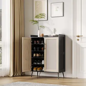 Modern Farmhouse Rattan Shoe Cabinet with Doors, 5-Tier Shoe Storage Cabinet with Doors, 2 Adjustable Shelves and Heavy Duty Metal Legs, Rattan Shoe Cabinet, Farmhouse Shoes Organizer for Entryway Hallway