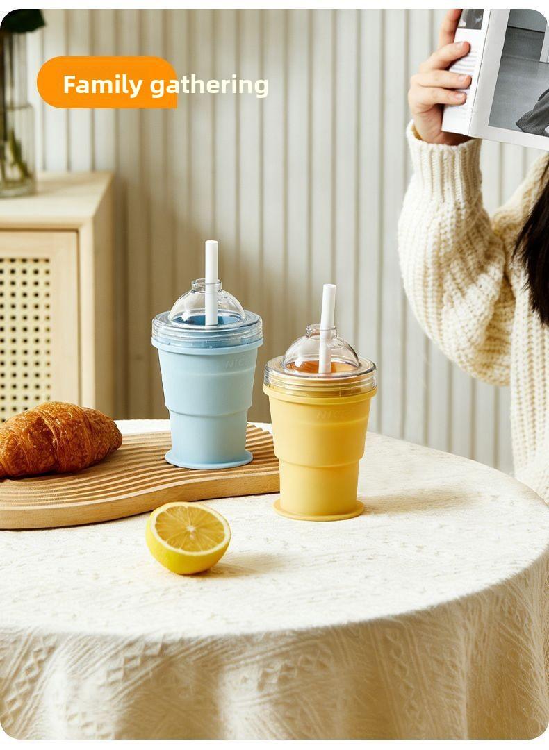 Portable Foldable Ice Ball Cup Silicone Food Grade Ice Maker With Straw Summer Outdoor Travel Mug