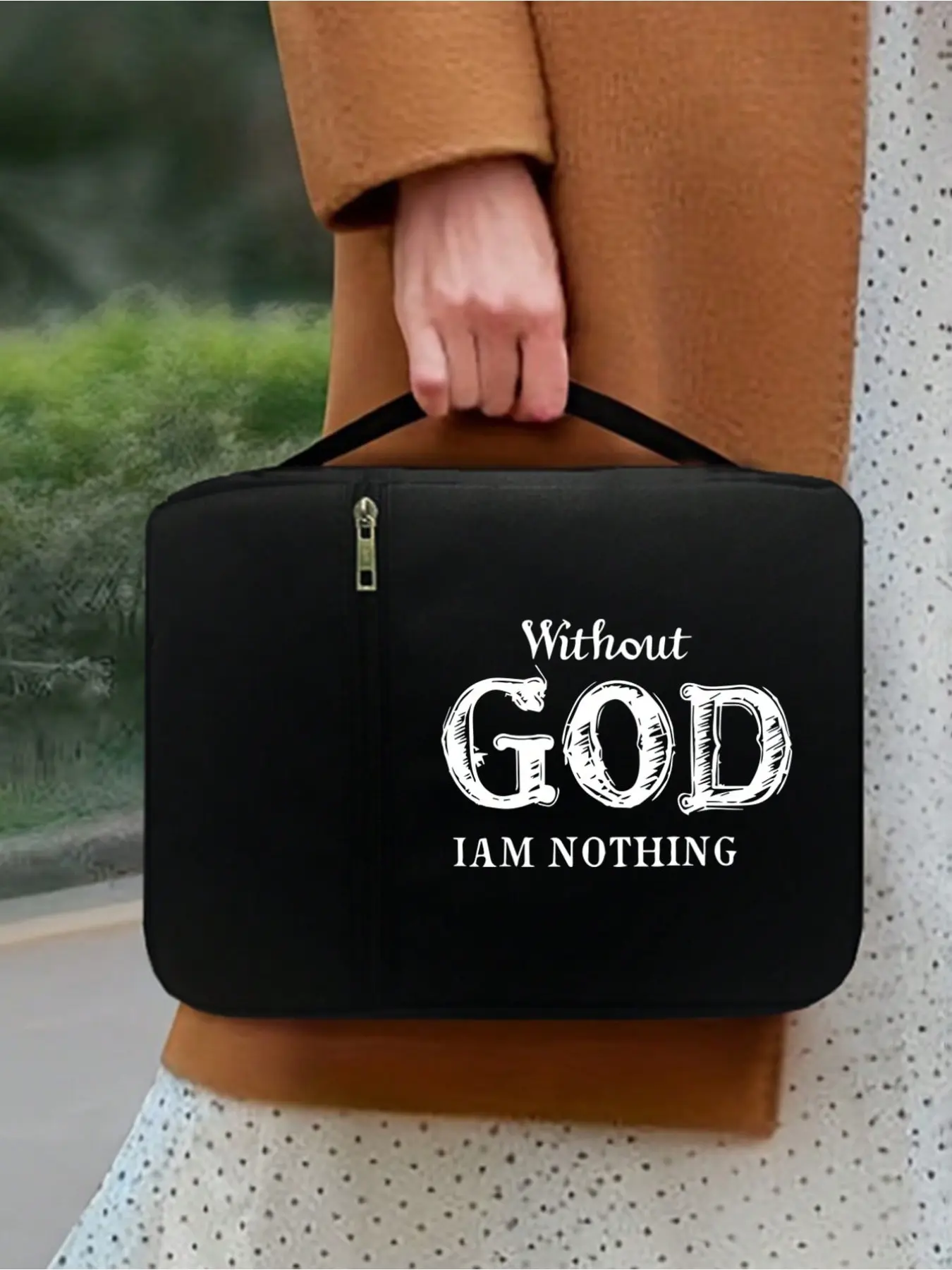 Bible Bag with 'without God I Am Nothing' Quote, Standard Size with Zipper and Pockets, Ideal for Adult Bible Study, Unisex Design