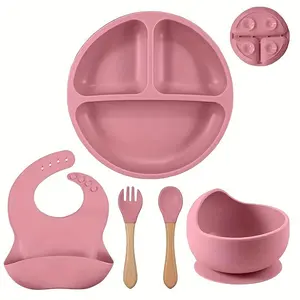 Silicone Baby Feeding Set, 5 Counts/set Bowl, Plate, Spoon, Fork, Bib & Spoon, Baby Dinnerware Set, Baby Tableware Set