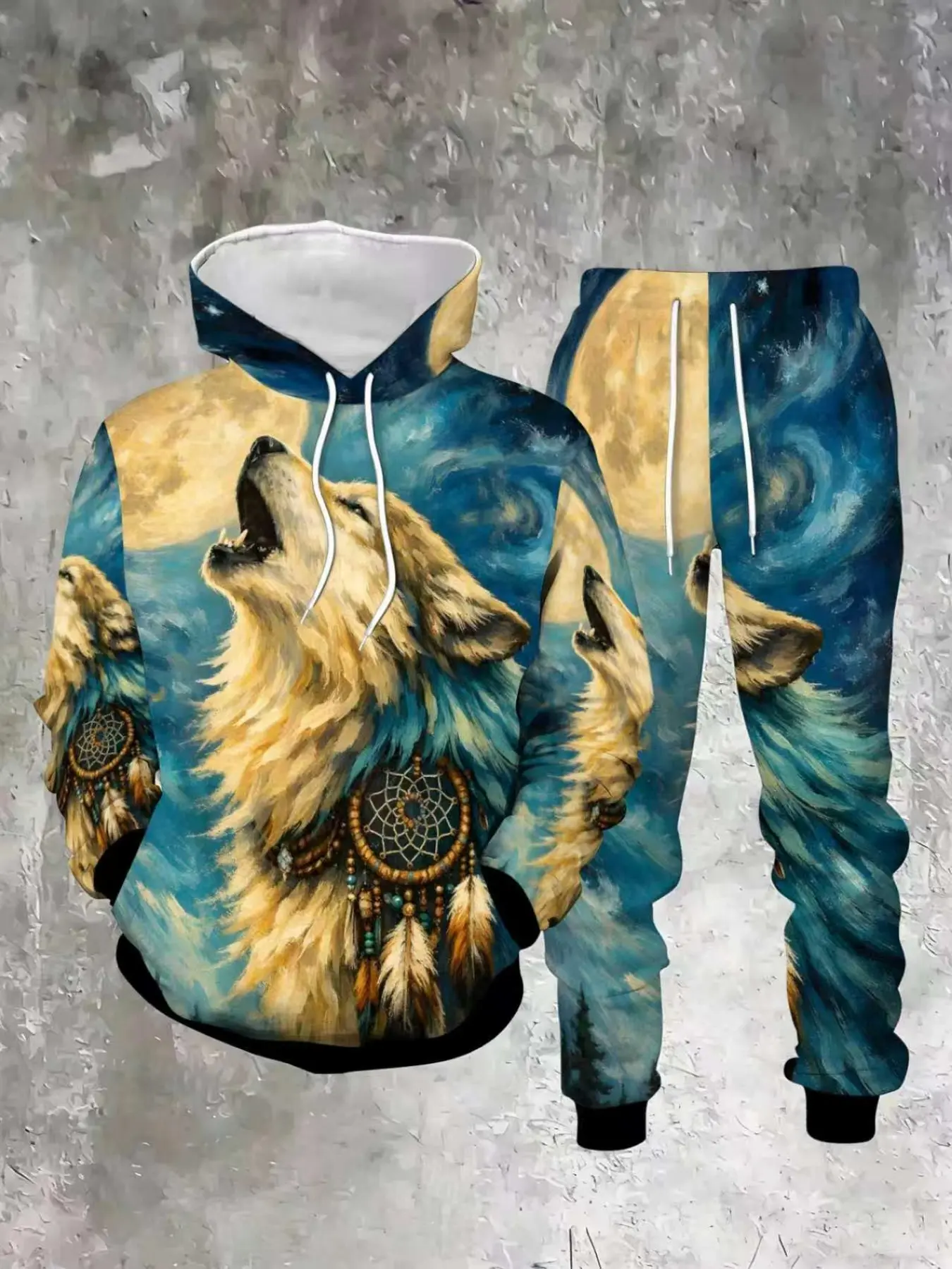 Men's Moonlit Howling Wolf Dreamcatcher Starry Art Full Print Hoodie Set, Bohemian Totem Animal Casual Streetwear