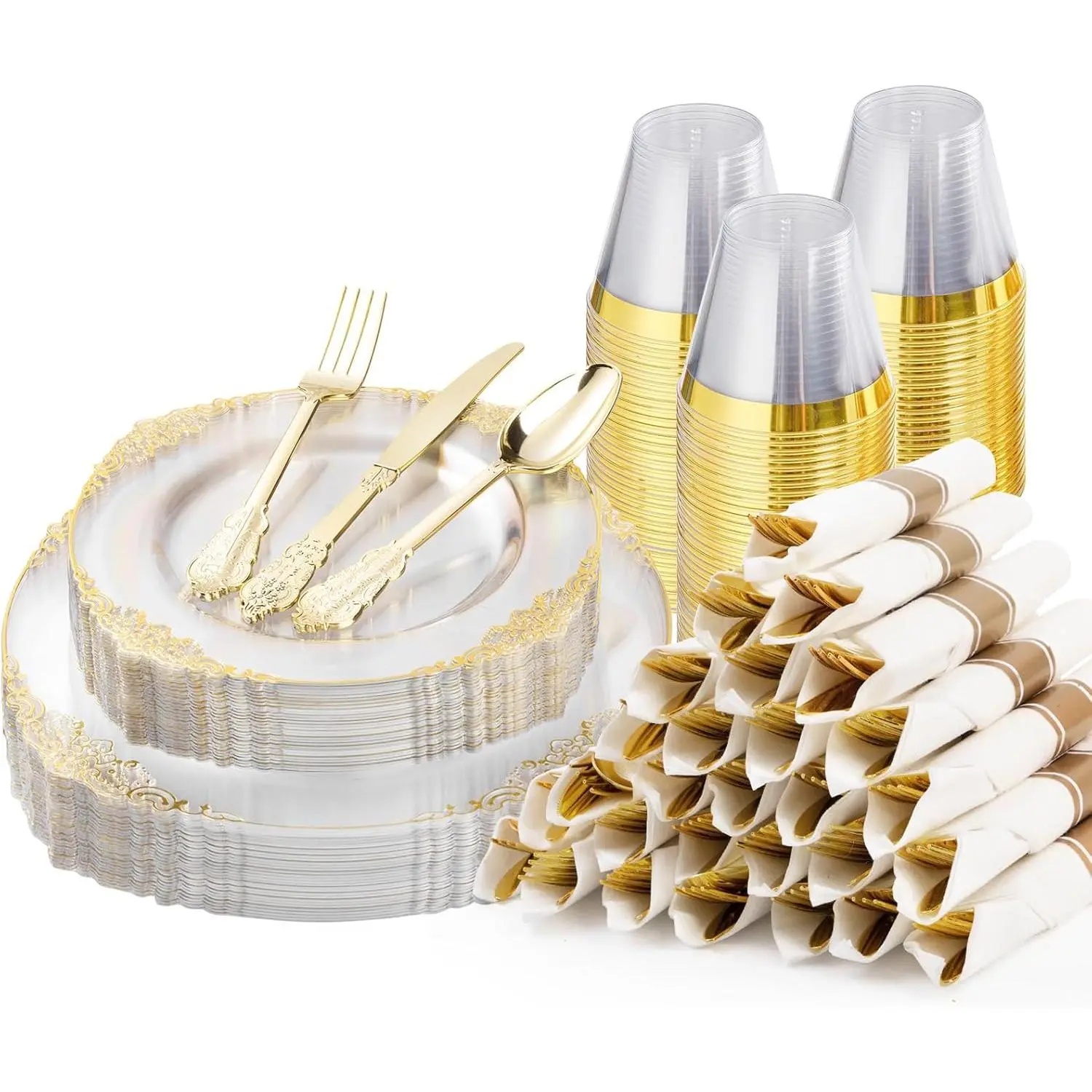 350PCS Clear and Gold Plastic Plates for 50 Guests, Disposable Dinnerware Sets Include 50 Gold Rim Plastic Plates,50 Silverware, 50 Pre Rolled Napkins for Party, Wedding and New Years Eve Gold Disposable Gold Plastic gold cutlery Gold  Christmas Hand