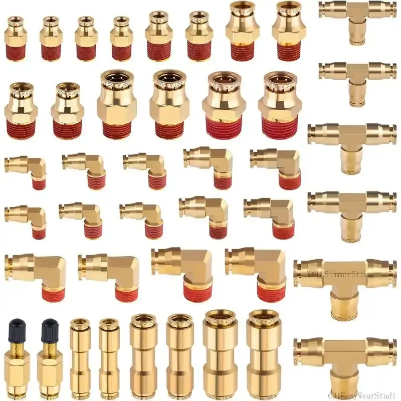 43 count Brass Air  Line Fittings 1/4" 3/8" 1/2" Push to Connect Fittings Quick Connect & NPT Thread Tube Air Hose Fittings Repair Kit for  or Industrial Air SystemC31EasyWearStudio XX18SimmerStone