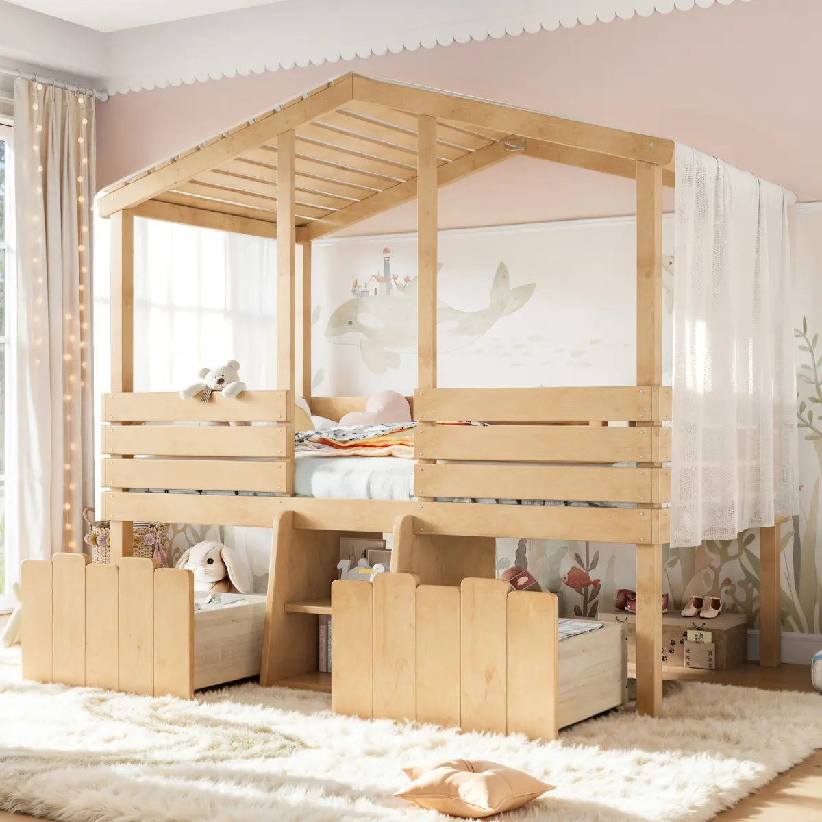 [Bellemave]Twin /Full House Loft Bed with Cute Stairs and 2 Big Storage Drawers, Low Loft Bed with House Shaped Roof, Childlike and No Box Spring Needed Design, Farmhouse Style, Natural