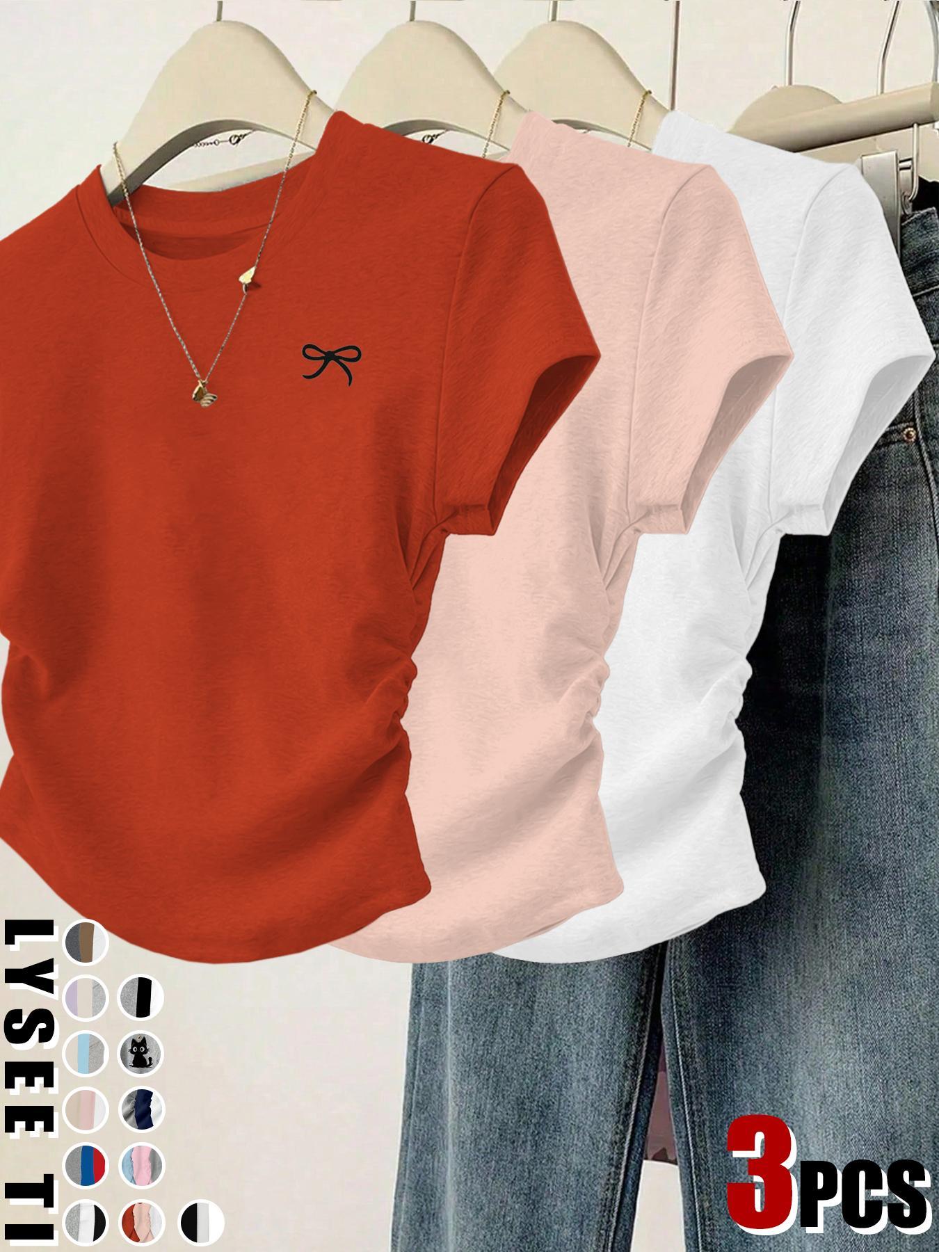 3pcs women's casual fashion slim fit small bow Butterfly print details simple solid color pleated pullover shirt women's round neck short sleeved three piece T-shirt