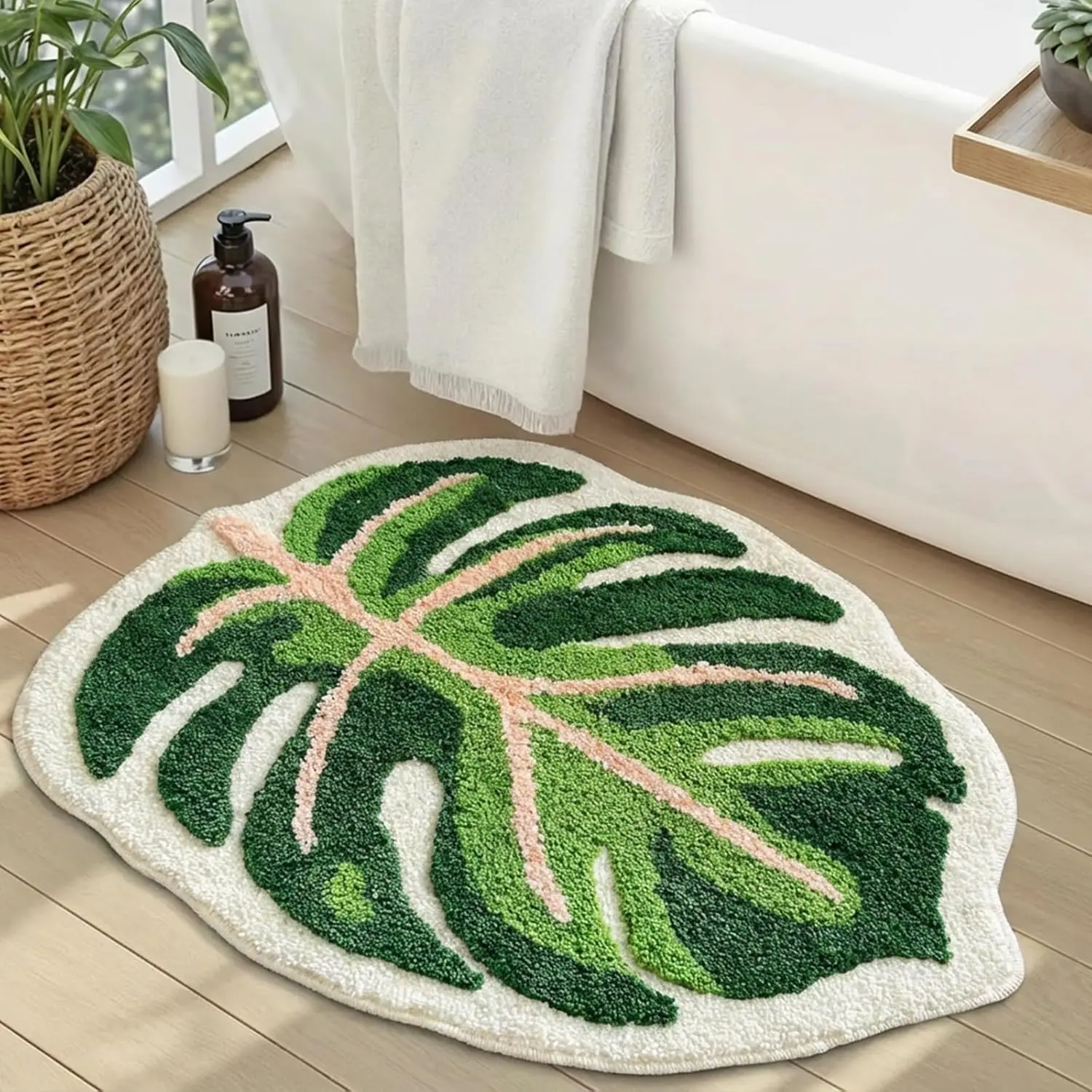 Cute Monstera Bath Mat,Green Leaf Bath Mat,Non Slip,Soft,Absorbent,Machine Washable  Bathroom Bathtub Rugs,Toilet,Kids Room,Bedroom,Monstera Leaf Rug(21"X26")