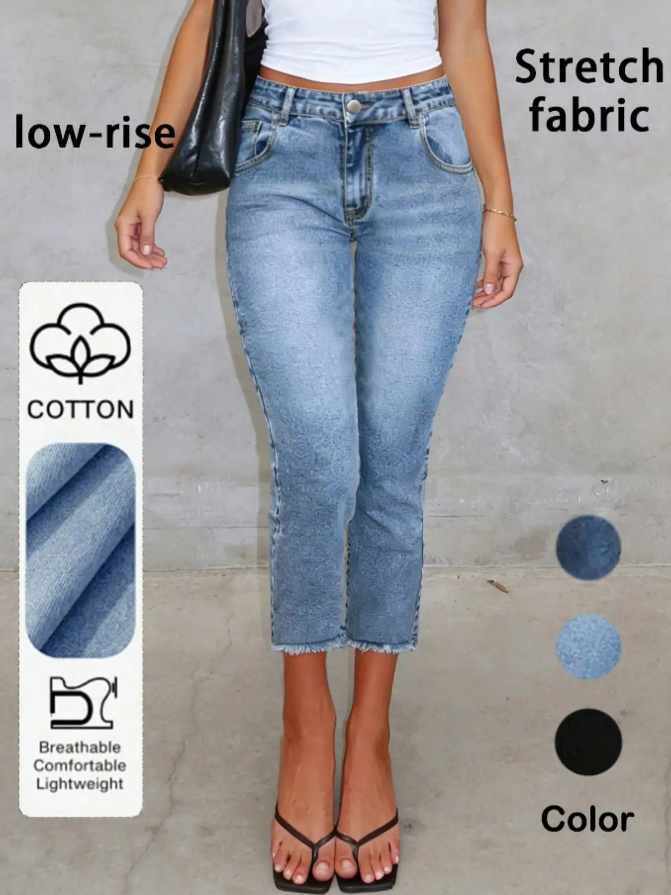 Women's High-Waist Denim Capri Cropped Pants, Elegant Style Fitted Bottoms with Fringe Design, All-Season Casual Elegant Style