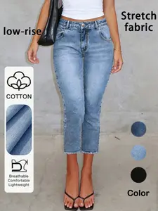 Women's Denim Capri Pants, High Waist, Fitted, Fringe Design, Button Fly, All Seasons, Chic Elegant Style, Perfect for Casual Wear, Jean