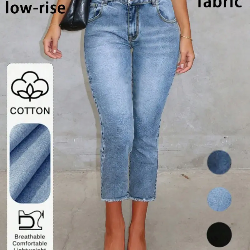 Women's High-Waist Denim Capri Cropped Pants, Elegant Style Fitted Bottoms with Fringe Design, All-Season Casual Elegant Style Button, Cropped Jeans