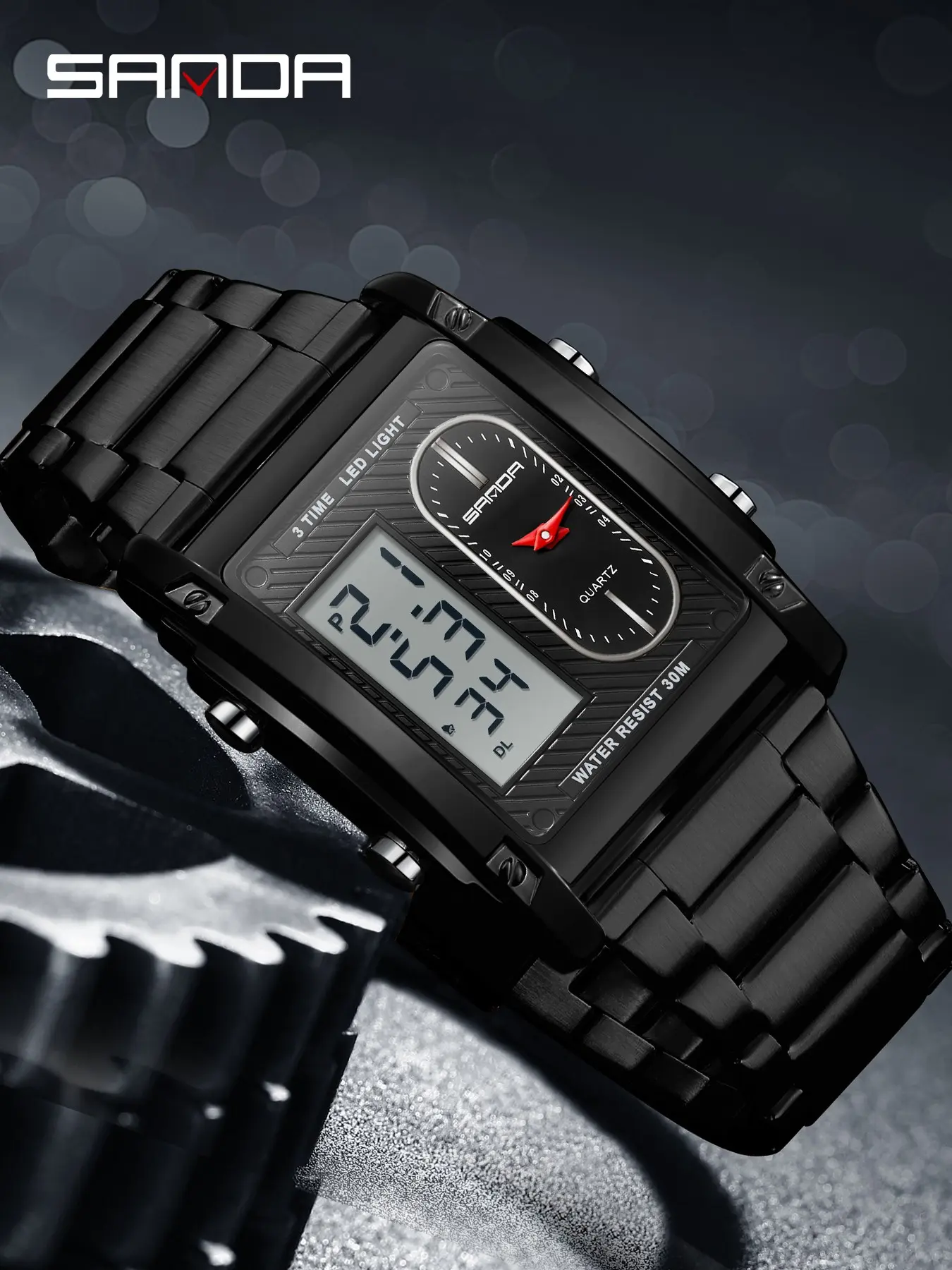 Sanda Square Waterproof Digital Watch for Men, Dual Display, Stopwatch, Alarm, Luminous, Great Birthday Gift, Analog Face, Rectangular Dial, Rectangle Shape